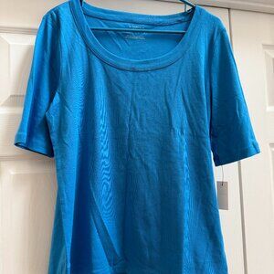 Womens Talbots Scoop Neck Curved Hem Tee Blue - Pima Cotton Size Large NWT